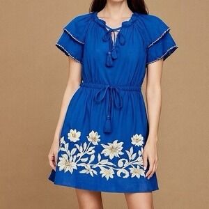 Olivia James Medium Mini Dress 100% Cotton Blue Western Boho Peasant Ruffle Bow